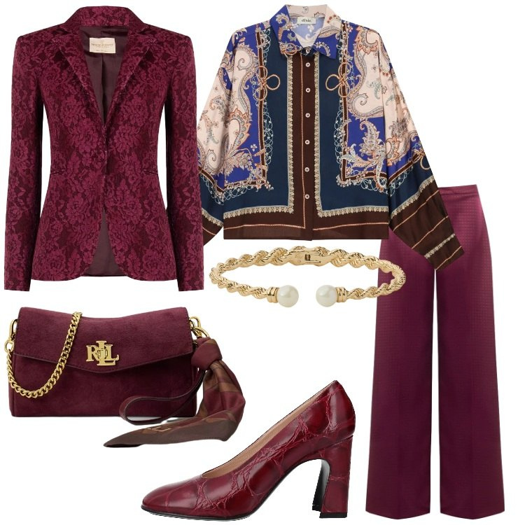 Outfit donna - Aperitivo in galleria. Stile Romantica per Serata fuori. Abbinamento con décolleté, pantaloni a palazzo, blazer, camicie, borse a tracolla, braccialetti.
