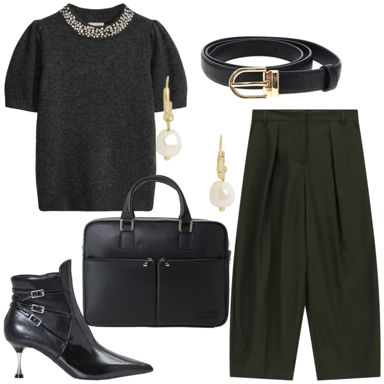 Outfit donna - Total look #2483561. Stile Chic per Ufficio. Abbinamento con borse messenger, orecchini, pantaloni, stivaletti, cinture, maglieria.