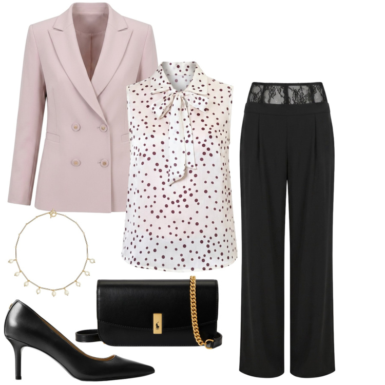 Outfit donna - Invito d’Autunno. Stile Chic per Cerimonia. Abbinamento con top, pantaloni a palazzo, blazer, décolleté, clutch, collane.