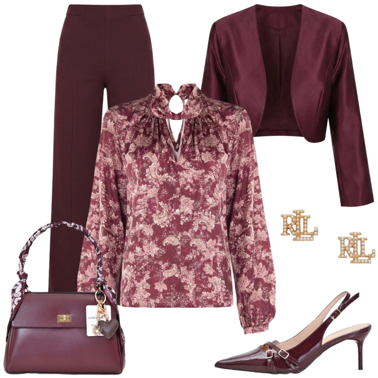 Outfit donna - Invito d’ Autunno. Stile Chic per Cerimonia. Abbinamento con décolleté, blazer, borse a mano, bluse, pantaloni, orecchini.