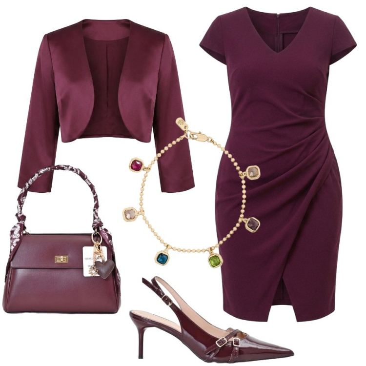 Outfit donna - Colori vino da cerimonia. Stile Chic per Cerimonia. Abbinamento con vestiti asimmetrici, bolero, décolleté, borse a mano, braccialetti.