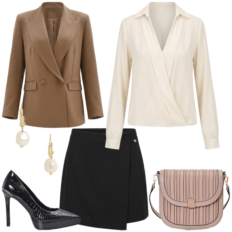 Outfit donna - Invito d’Autunno. Stile Chic per Cerimonia. Abbinamento con orecchini, borse a tracolla, décolleté, bluse, minigonne, blazer.