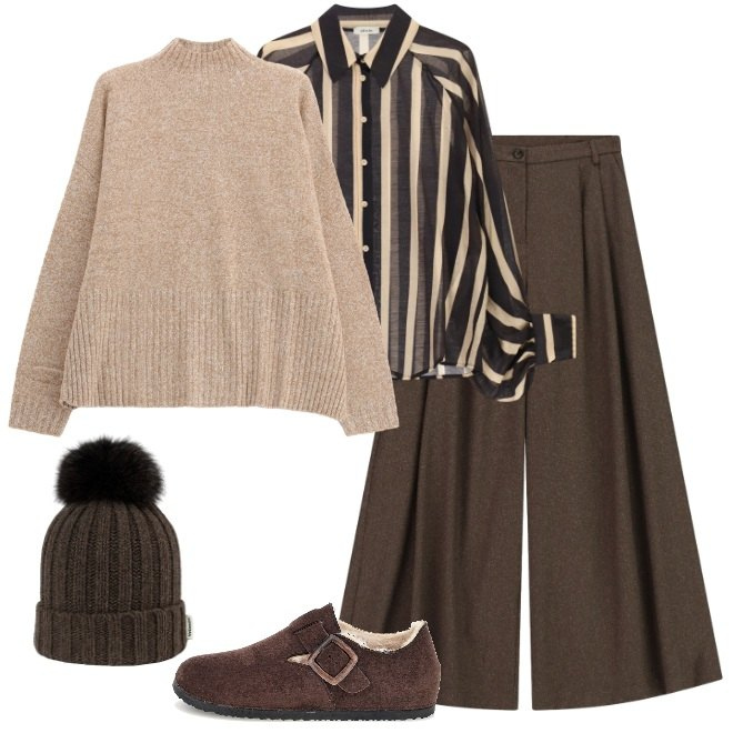 Outfit donna - Comoda e chic. Stile Casual chic per Tutti i giorni. Abbinamento con pantaloni a palazzo, berretti, pullovers, camicie, pantofole.
