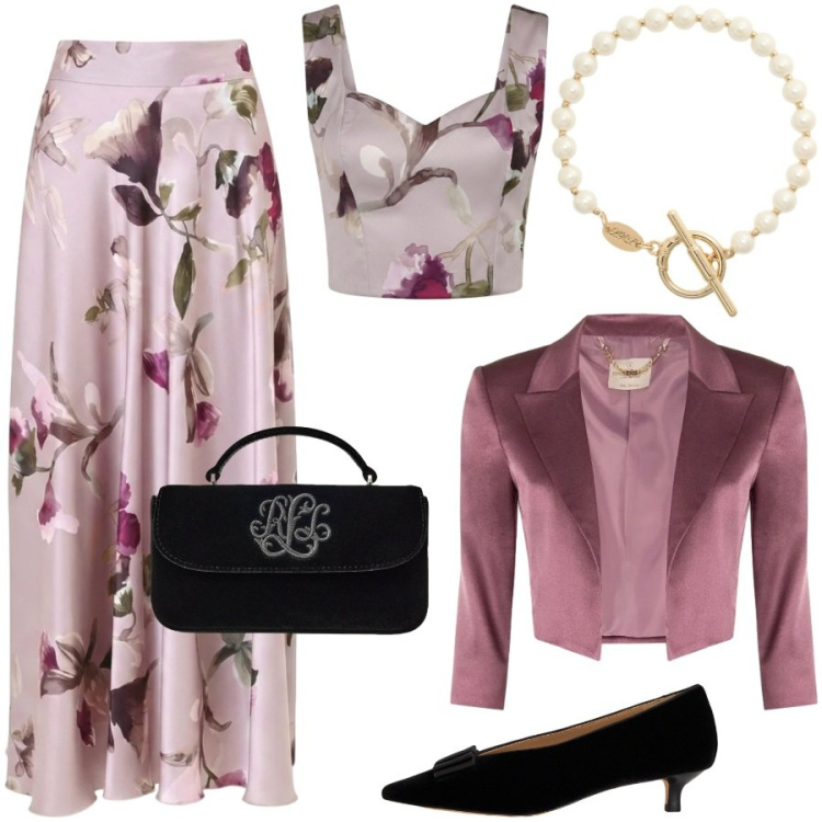 Outfit donna - Fiori d'autunno. Stile Glamour per Cerimonia. Abbinamento con braccialetti, décolleté, borse a mano, bolero, top, gonne lunghe.