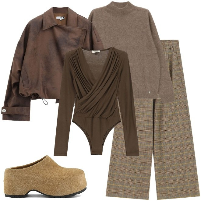 Outfit donna - A cena a casa di amici. Stile Casual chic per Tutti i giorni. Abbinamento con pullovers, bomber, pantaloni a palazzo, body, zoccoli.