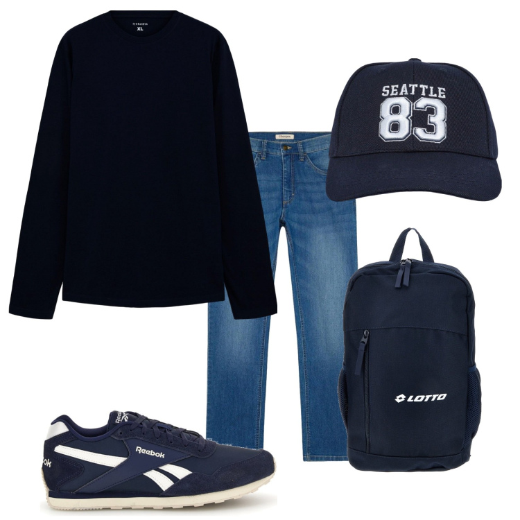 Outfit uomo - Blu basic. Stile Casual per Tutti i giorni. Abbinamento con cappelli con visiera, t-shirt, jeans dritti, sneakers, borse sportive.
