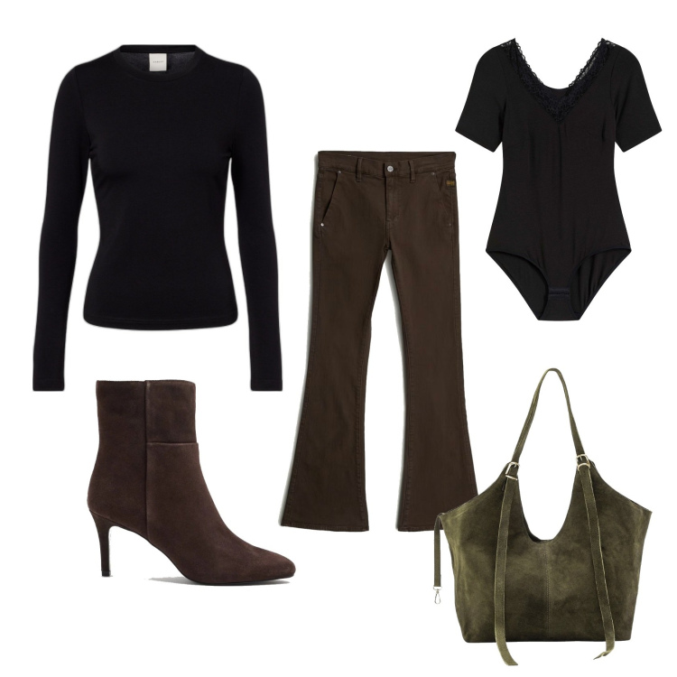 Outfit femme - Marron tendance. Style Tendance pour Tous les jours. Assortir avec body, pantalon , sacs tote, bottes, t-shirts.