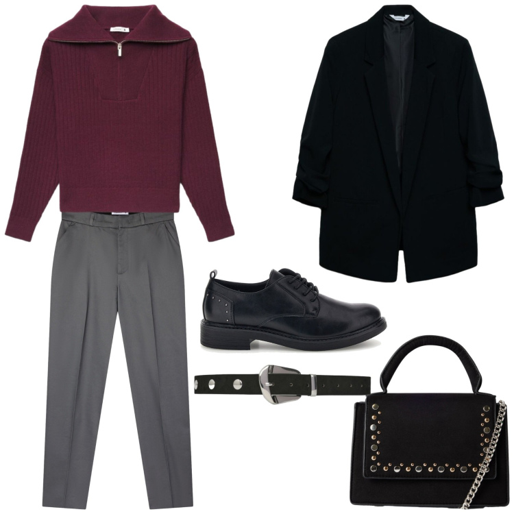 Outfit donna - Autumn. Stile Casual per Tutti i giorni. Abbinamento con pantaloni chino, blazer, borse a tracolla, cinture, maglieria, francesine.