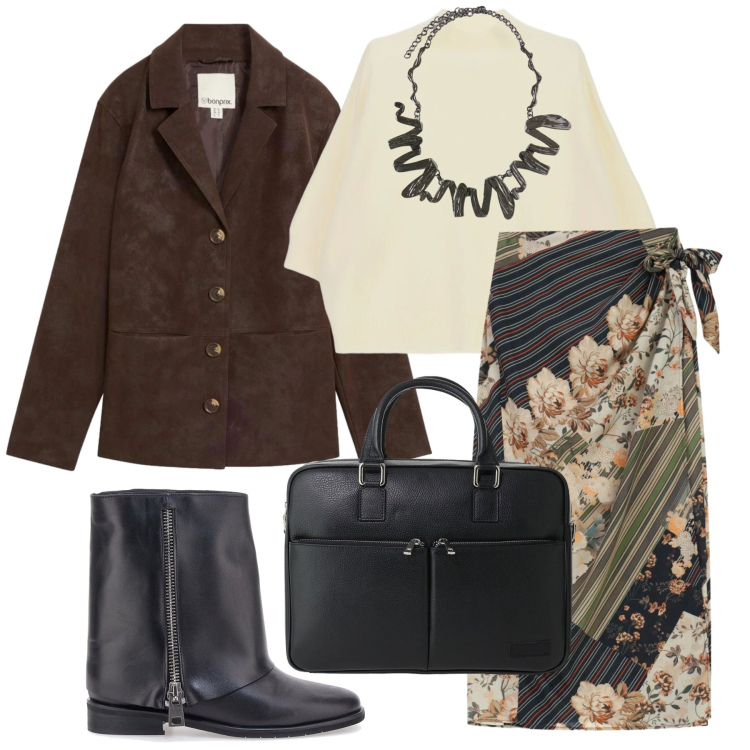 Outfit donna - Ottobre. Stile Trendy per Tutti i giorni. Abbinamento con blazer, pullovers, gonne longuette, borse messenger, ciondoli, stivaletti.
