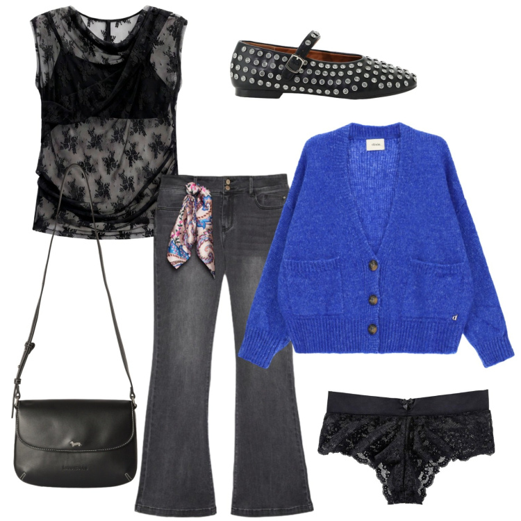 Outfit donna - Venerdì sera con le amiche. Stile Basic per Serata fuori. Abbinamento con borse a tracolla, top, jeans, cardigans, ballerine, culotte.
