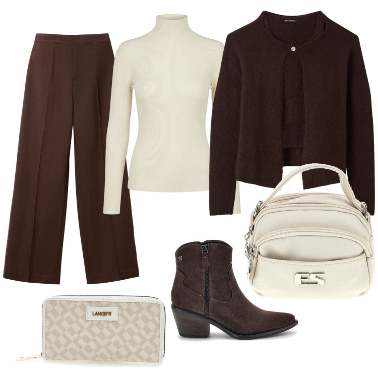 Outfit donna - Espresso e crema. Stile Trendy per Tutti i giorni. Abbinamento con cardigans, pantaloni, blazer, borse a tracolla, portafogli, stivaletti texani.