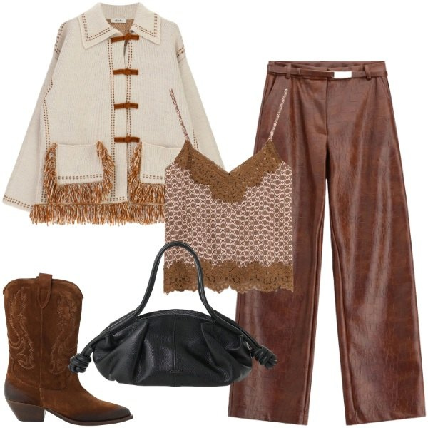 Outfit donna - Rich Espresso & Cream Warmth. Stile Trendy per Tutti i giorni. Abbinamento con pantaloni, cardigans, top, stivaletti texani, borse a mano.