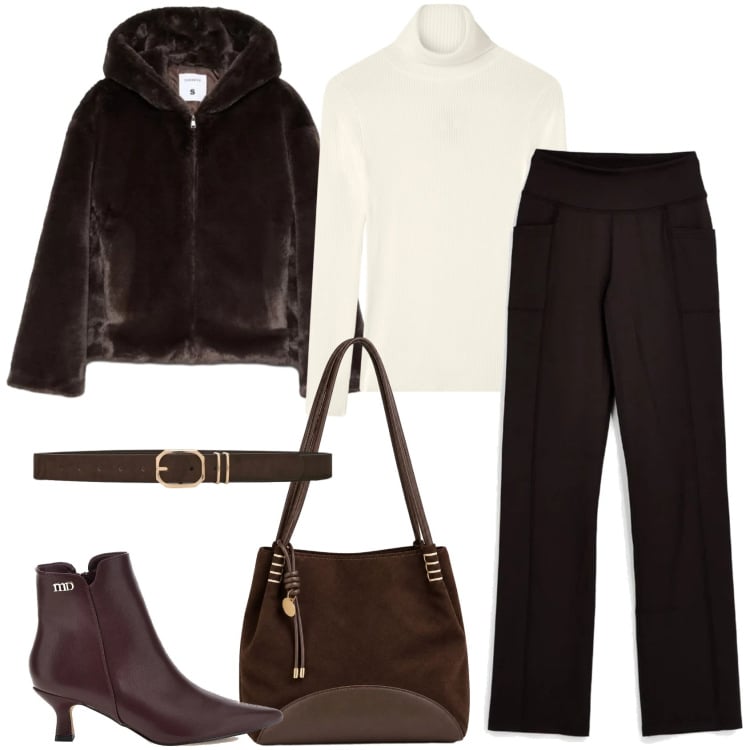 Outfit donna - Rich Espresso & Cream Warmth. Stile Casual chic per Ufficio. Abbinamento con blazer, maglieria, cinture, borse a spalla, stivaletti, pantaloni.