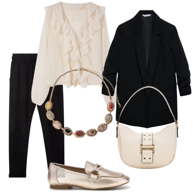 Outfit donna - Aperitivo alla mostra. Stile Casual chic per Serata fuori. Abbinamento con blazer, bluse, pantaloni, collane, mocassini, borse a tracolla.
