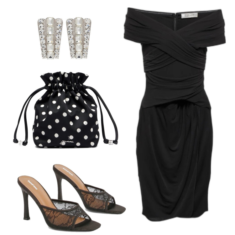 Outfit femme - Robe à encolure Bardot. Style Glamour pour Soirée dehors. Assortir avec robes, pantoufles, pochette, boucles d'oreilles.