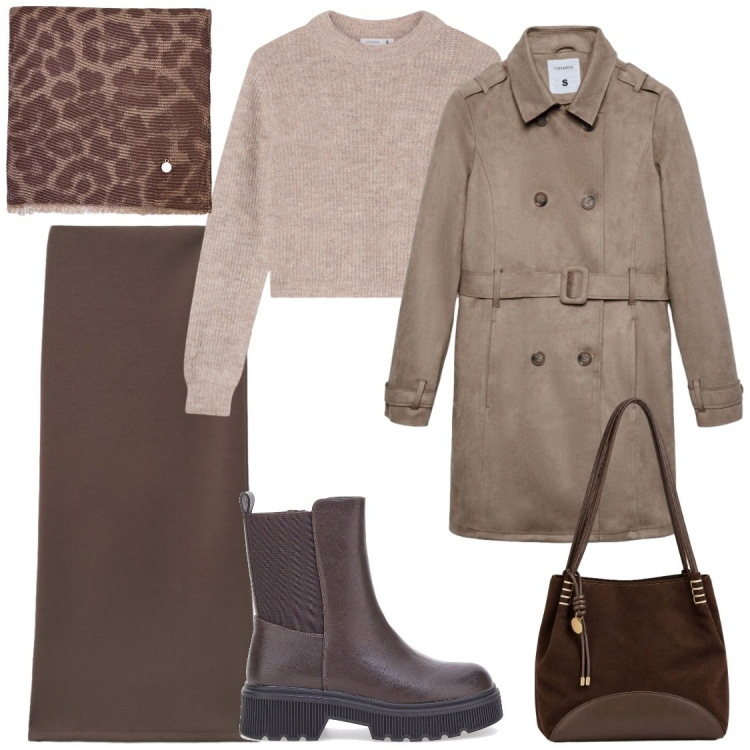 Outfit donna - Comoda e chic. Stile Chic per Ufficio. Abbinamento con sciarpe, borse a spalla, maglieria, gonne lunghe, trench, stivaletti.