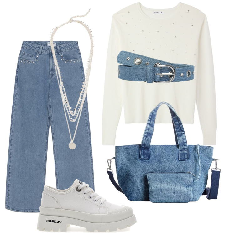 Outfit donna - Total look #2483637. Stile Trendy per Tutti i giorni. Abbinamento con jeans, cinture, maglieria, borse a mano, collane, sneakers.