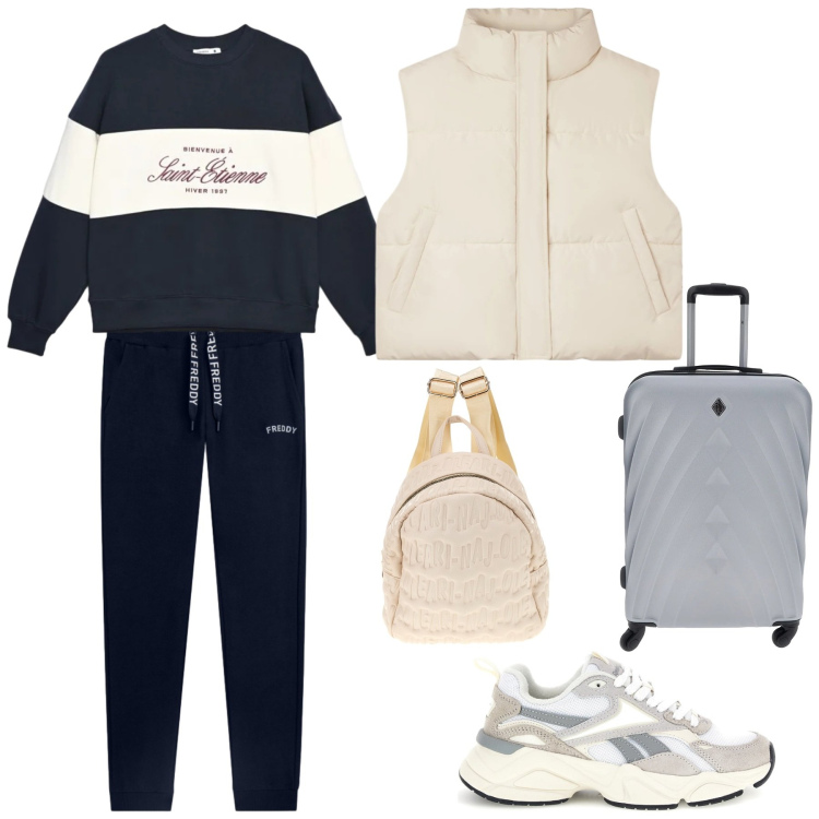 Outfit donna - Si viaggiare. Stile Casual per Tutti i giorni. Abbinamento con felpe, piumini, pantaloni, sneakers, valigie, zaini.