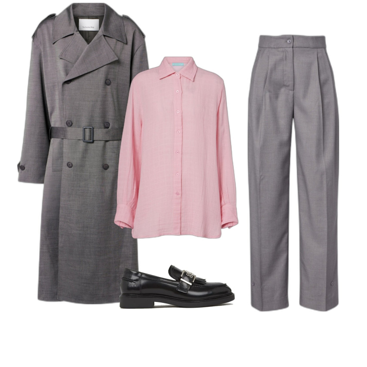 Outfit femme - Chemisier rose. Style Basique pour Bureau. Assortir avec chemisiers, mocassins, pantalon large en bas, imperméable.