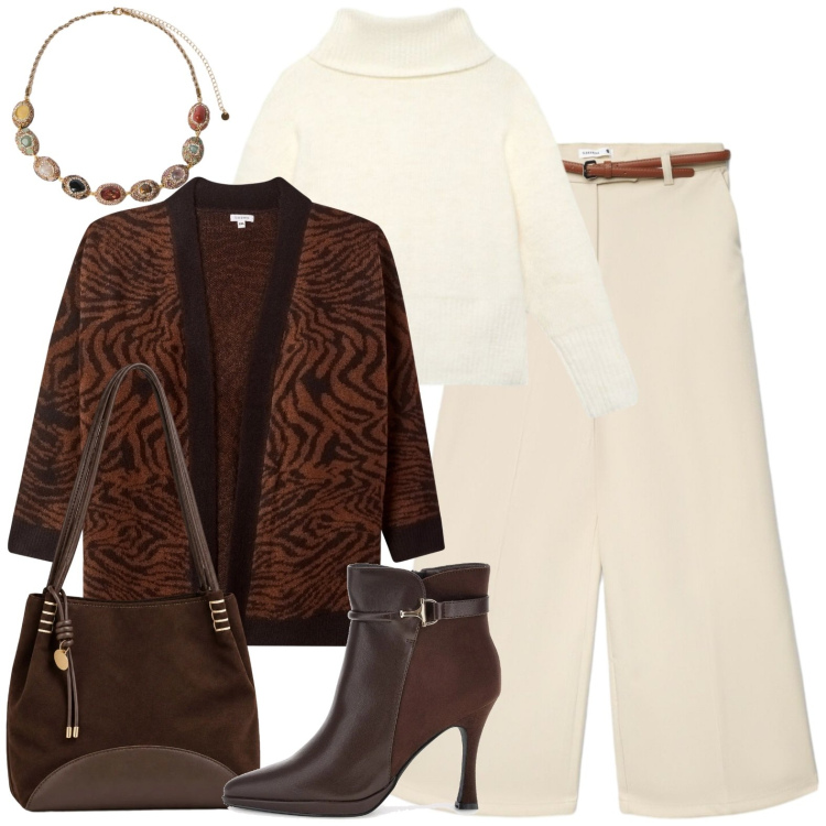 Outfit donna - Espresso e crema color. Stile Casual per Tutti i giorni. Abbinamento con collane, borse a spalla, cardigans, pantaloni, pullovers, stivaletti.