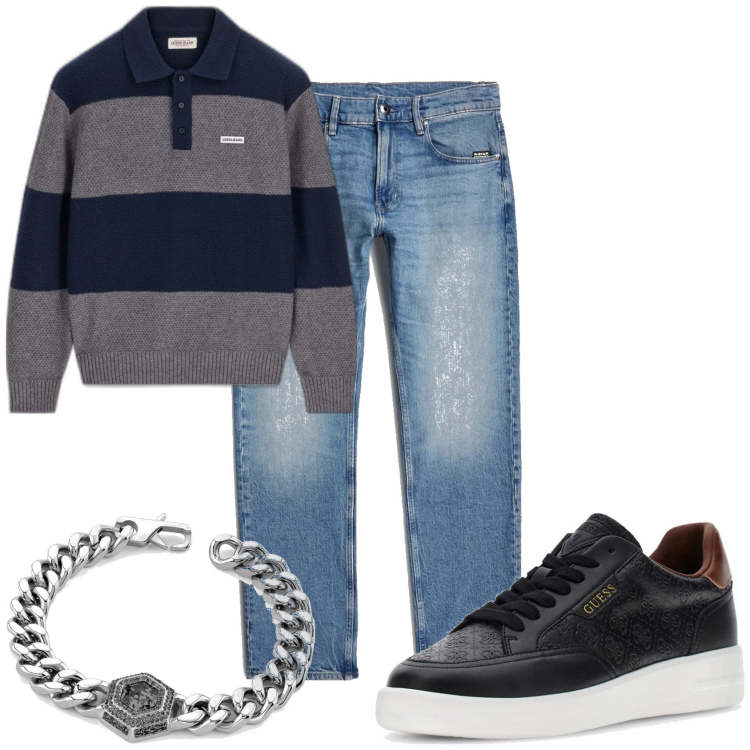 Outfit hombre - Urban style. Estilo Urban para Todos los días. Combinación con polo, sneakers, vaqueros rectos, pulseras.