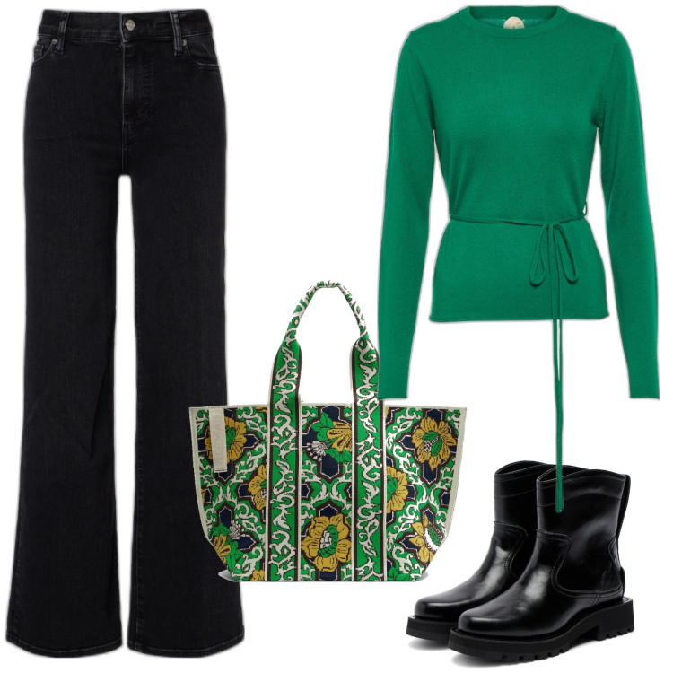 Outfit femme - Joli vert. Style Casual pour Tous les jours. Assortir avec sac cabas, jeans mom, pulls, bottines.