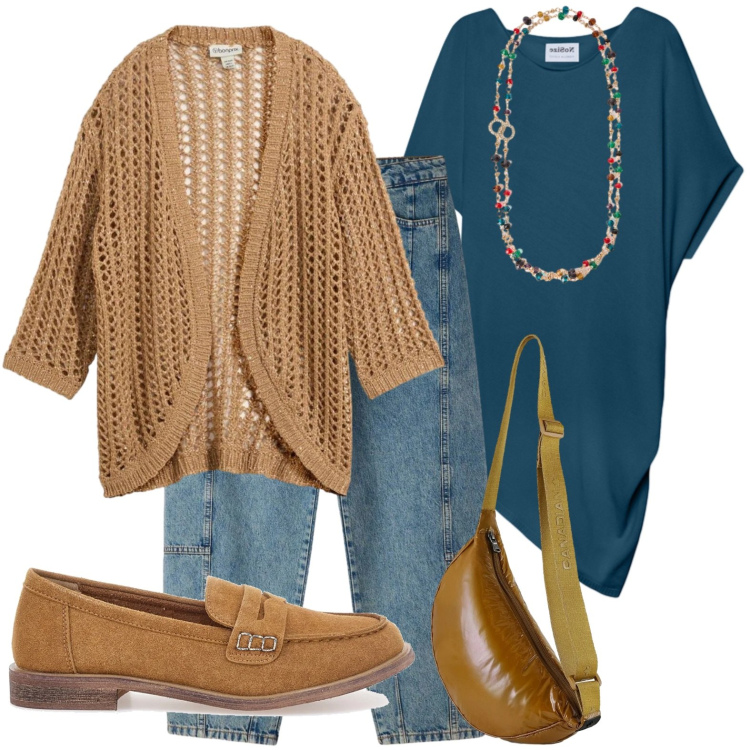 Outfit donna - Ottone e ottanio. Stile Casual per Tutti i giorni. Abbinamento con collane, maglieria, borse a tracolla, jeans, mocassini, cardigans.