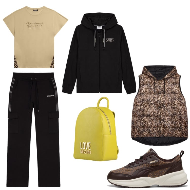 Outfit donna - Comoda e sportiva. Stile Casual per Tutti i giorni. Abbinamento con zaini, piumini, t-shirt, pantaloni cargo, felpe con cappuccio, sneakers.