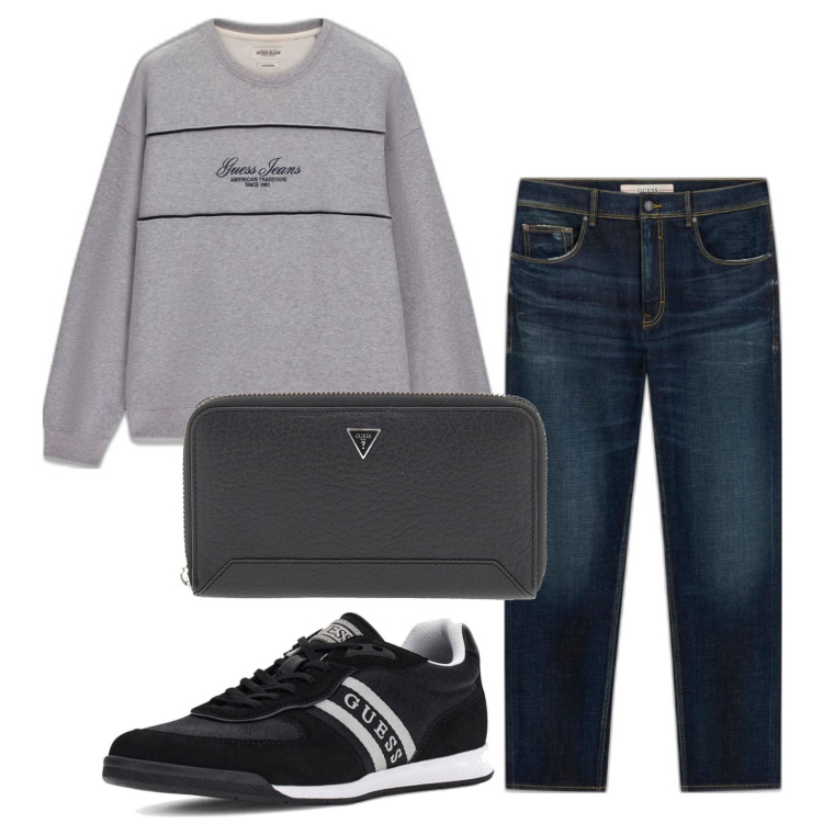 Outfit hombre - Casual. Estilo Casual para Todos los días. Combinación con sneakers, vaqueros rectos, sudaderas, carteras.