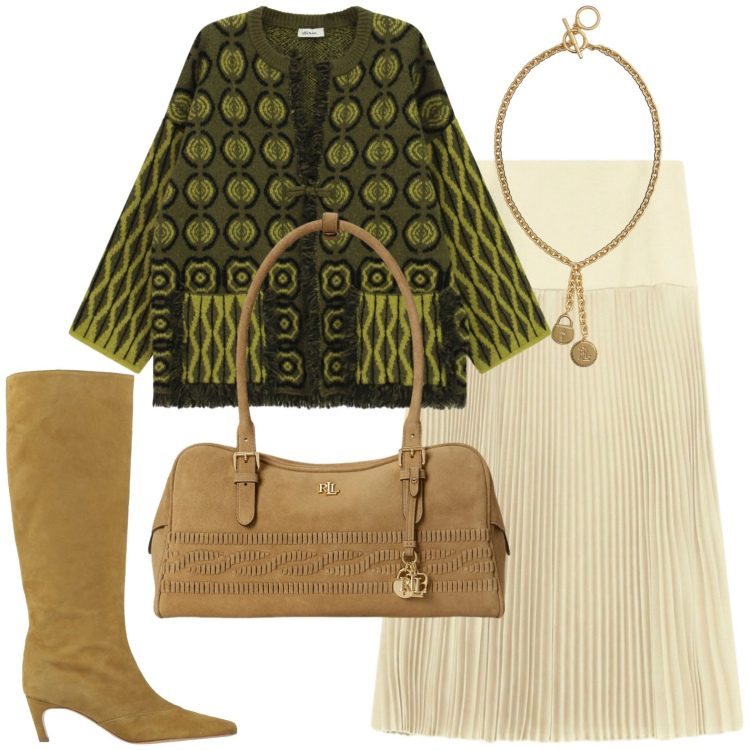 Outfit donna - Ottobre chic e casual. Stile Casual chic per Tutti i giorni. Abbinamento con gonne longuette, borse a spalla, ciondoli, cardigans, stivali.