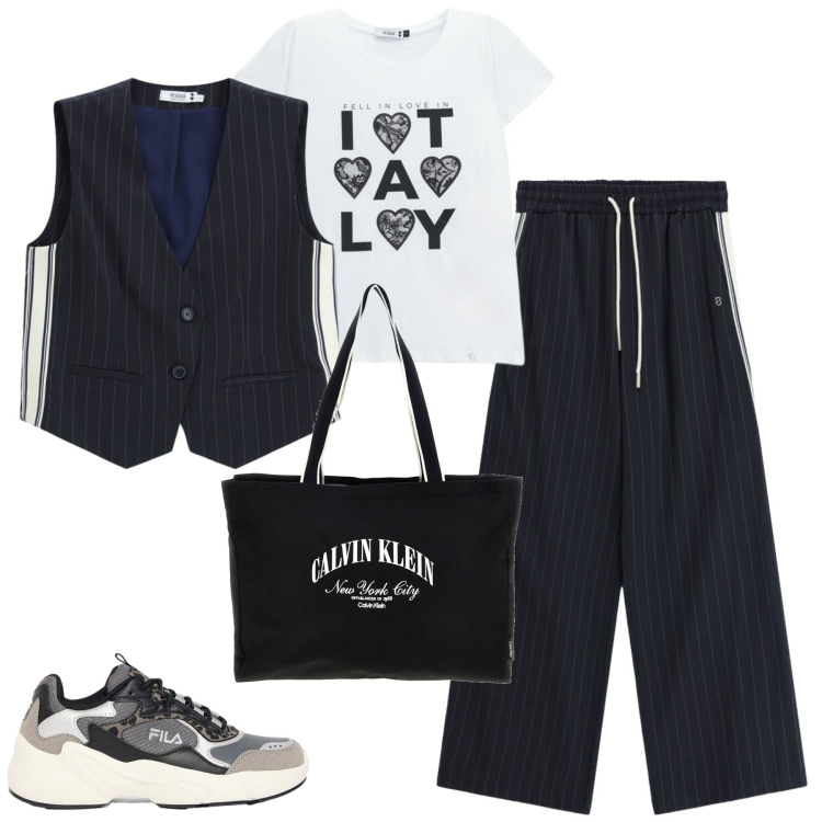Outfit donna - Urban sporty. Stile Urban per Tutti i giorni. Abbinamento con t-shirt, gilet, pantaloni a palazzo, sneakers, borse a spalla.