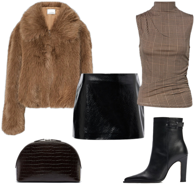 Outfit femme - Manteau fourrure synthétique. Style Tendance pour Soirée dehors. Assortir avec hauts, bottes, minijupes, fausses fourrures, pochette.