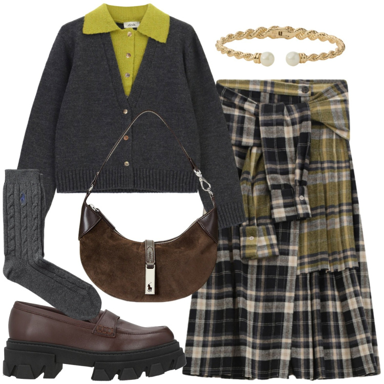 Outfit donna - Preppy autunno. Stile Preppy per Tutti i giorni. Abbinamento con borse a spalla, calzini, braccialetti, gonne longuette, cardigans, mocassini.