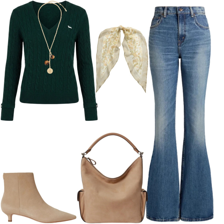 Outfit donna - Semplicità. Stile Sporty chic per Tutti i giorni. Abbinamento con maglieria, jeans, foulard, stivaletti, borse a spalla, collane.
