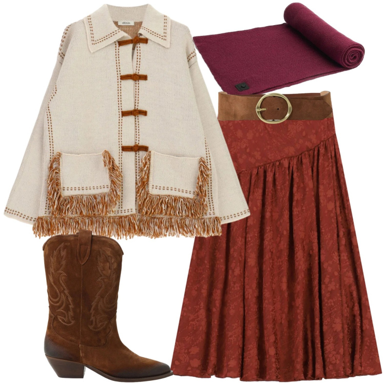 Outfit donna - Autunno. Stile Casual per Tutti i giorni. Abbinamento con sciarpe, stivaletti texani, cinture, cardigans, gonne lunghe.