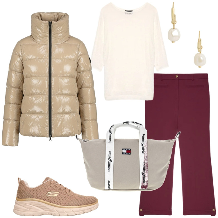 Outfit donna - Total look #2483670. Stile Casual chic per Tutti i giorni. Abbinamento con maglieria, pantaloni, orecchini, piumini, shopping bag, sneakers.