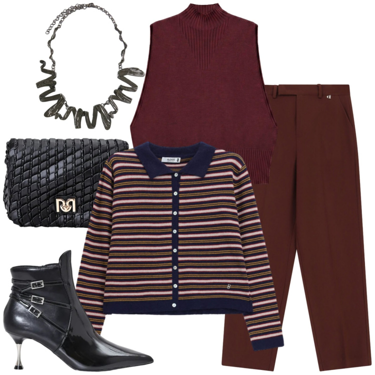 Outfit donna - Fall. Stile Casual per Tutti i giorni. Abbinamento con borse a tracolla, stivaletti, maglieria, cardigans, pantaloni, ciondoli.