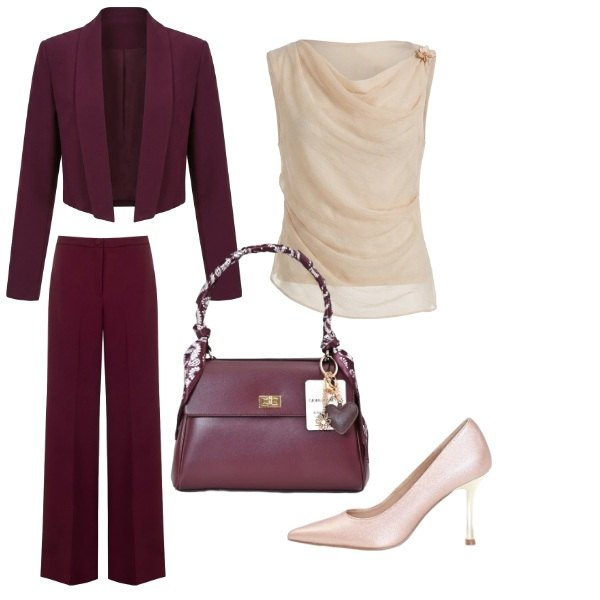 Outfit donna - Battesimo di mio nipote. Stile Chic per Cerimonia. Abbinamento con pantaloni a palazzo, blazer, top, décolleté, borse a mano.