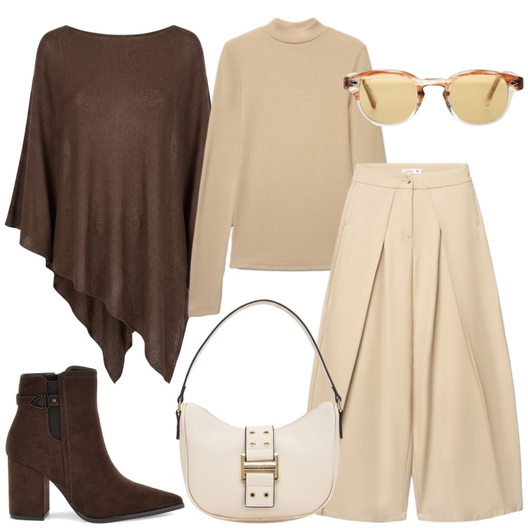 Outfit donna - Total look #2483684. Stile Casual chic per Tutti i giorni. Abbinamento con pantaloni a palazzo, t-shirt, occhiali da sole, cappotti, borse a tracolla, stivaletti.