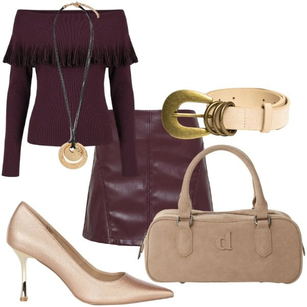 Outfit donna - le sfumature dell'autunno. Stile Glamour per Tutti i giorni. Abbinamento con ciondoli, maglieria, minigonne, décolleté, borse a mano, cinture.