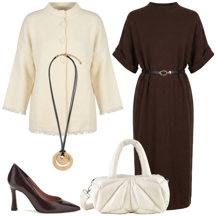 Outfit donna - Total look #2483686. Stile Chic per Tutti i giorni. Abbinamento con ciondoli, borse a mano, cardigans, vestiti midi/longuette, décolleté.