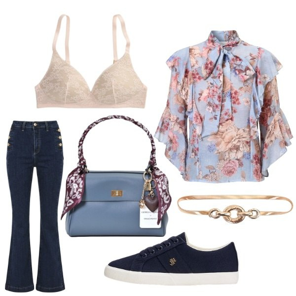 Outfit donna - Pranzo di famiglia. Stile Casual chic per Cerimonia. Abbinamento con sneakers, reggiseni, bluse, cinture, jeans a zampa, borse a mano.