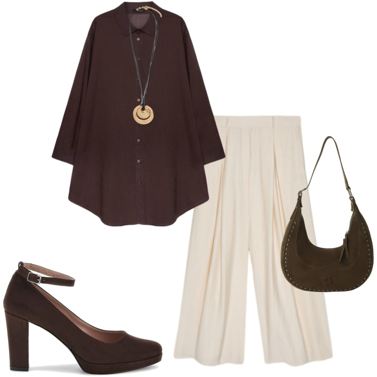 Outfit donna - Marrone e panna. Stile Casual chic per Serata fuori. Abbinamento con ciondoli, pantaloni a palazzo, camicie, borse a spalla, décolleté.