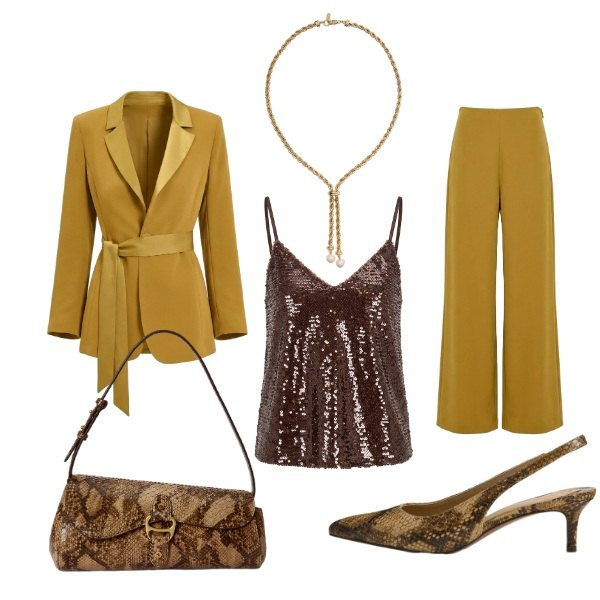 Outfit donna - Inaugurazione. Stile Chic per Cerimonia. Abbinamento con borse a tracolla, décolleté, collane, blazer, pantaloni a palazzo, top.