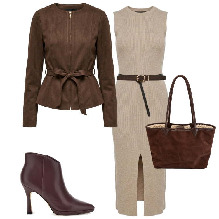 Outfit donna - Marrone e panna. Stile Casual chic per Serata fuori. Abbinamento con cinture, vestiti midi/longuette, blazer, shopping bag, stivaletti.
