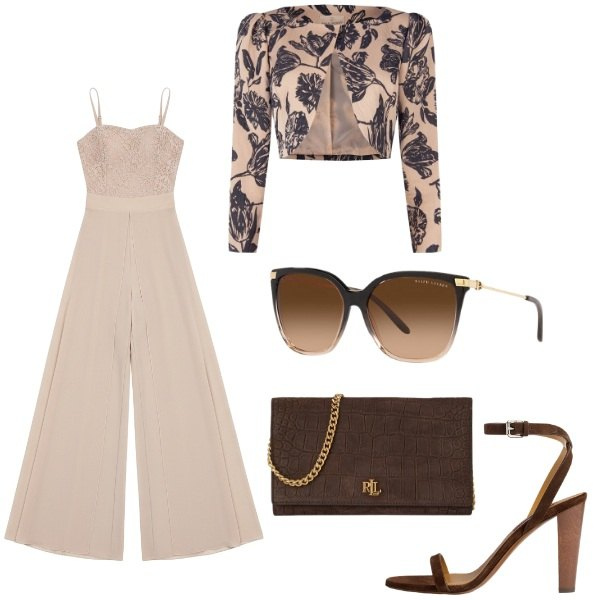 Outfit donna - Total look #2483703. Stile Chic per Cerimonia. Abbinamento con occhiali da sole, sandali col tacco, borse a tracolla, bolero, tute.