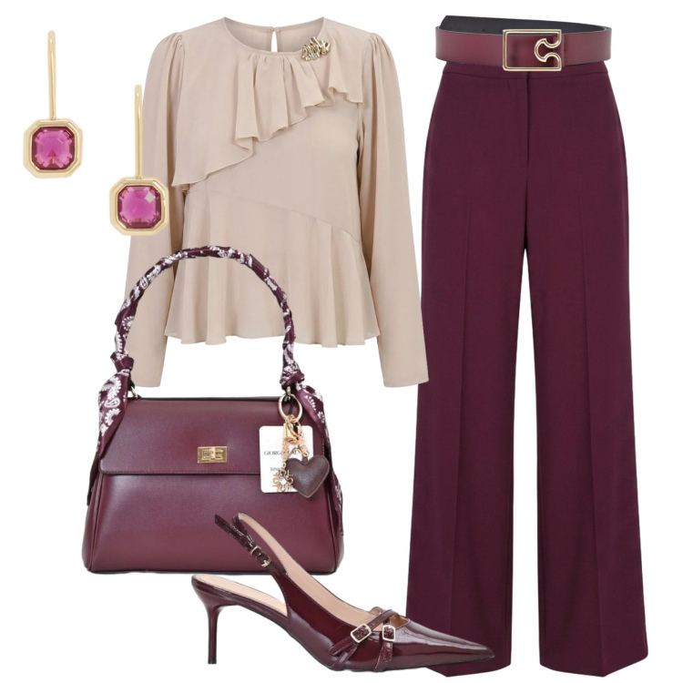 Outfit donna - Cerimonia ad ottobre. Stile Chic per Cerimonia. Abbinamento con orecchini, pantaloni a palazzo, bluse, décolleté, cinture, borse a mano.