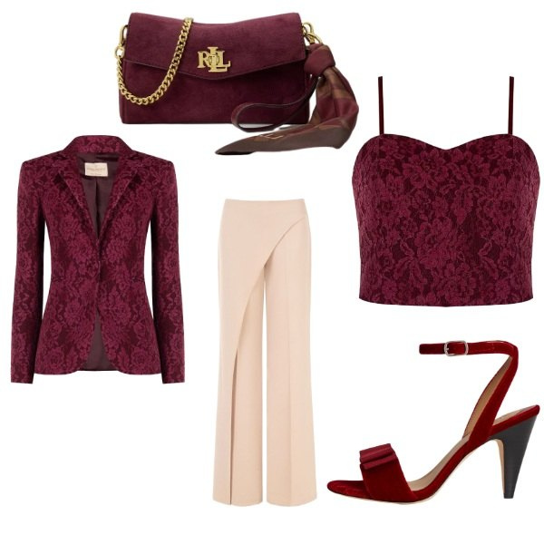 Outfit donna - Total look #2483712. Stile Chic per Cerimonia. Abbinamento con borse a tracolla, sandali col tacco, pantaloni, blazer, top.