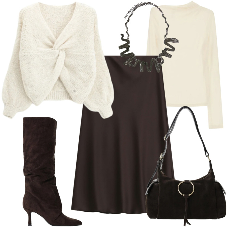 Outfit donna - Rich Espresso & Cream Warmth. Stile Casual chic per Ufficio. Abbinamento con t-shirt, borse a spalla, stivali, maglieria, gonne longuette, ciondoli.