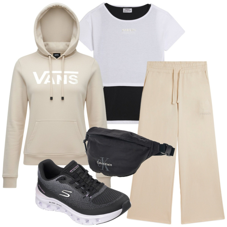 Outfit donna - Tocco di stile. Stile Casual per Tutti i giorni. Abbinamento con pantaloni, t-shirt, marsupi, felpe con cappuccio, sneakers.